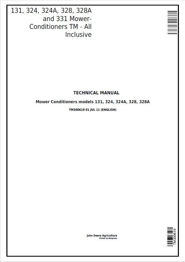 John Deere 131, 324, 324A, 328, 328A and 331 Mower- Conditioners Technical Manual TM300619
