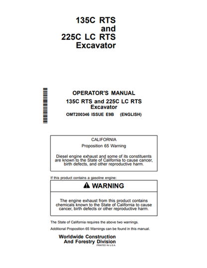 John Deere 135C RTS & 225C LC RTS Excavator Operator Manual