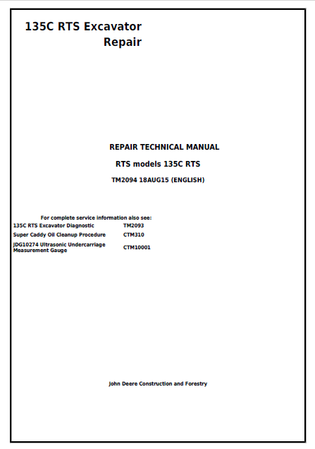 John Deere 135C RTS Excavator Repair Technical Manual TM2094 PDF 