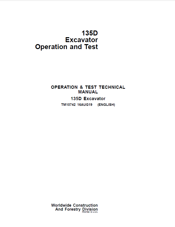 John Deere 135D Excavator Operation and Test Technical Manual TM10742 PDF