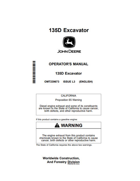 John Deere 135D Excavator Operator Manual OMT239673