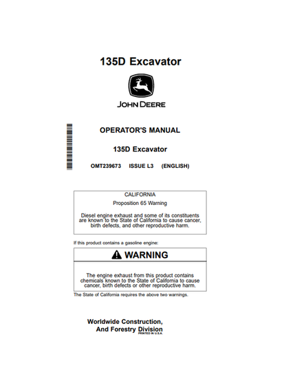 John Deere 135D Excavator Operator Manual OMT239673