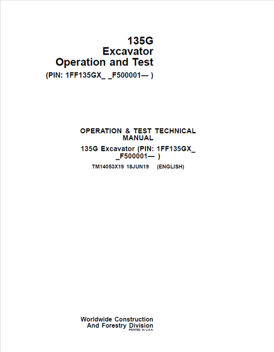 John Deere 135G Excavator Operation and Test Technical Manual TM14053X19 PDF 