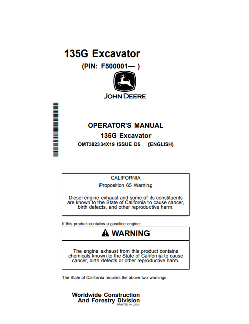 John Deere 135G Excavator Operator Manual OMT382334X19