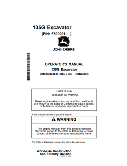 John Deere 135G Excavator Operator Manual OMT382334X19