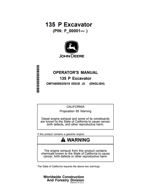 John Deere 135 P Excavator Operator & Maintenance Manual OMT480092X019