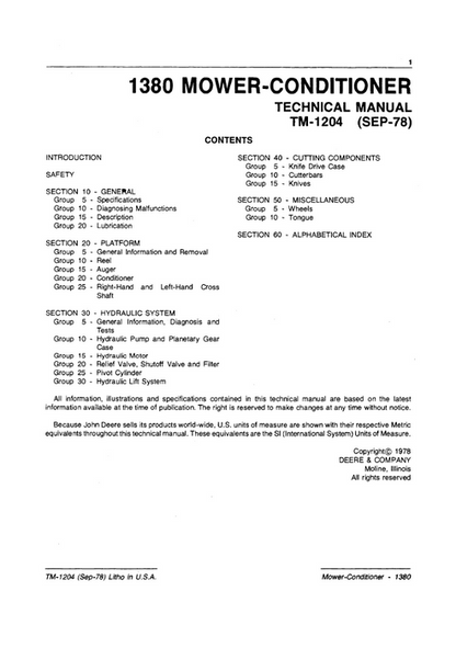 John Deere 1380 Mower-Conditioner Service & Repair Manual