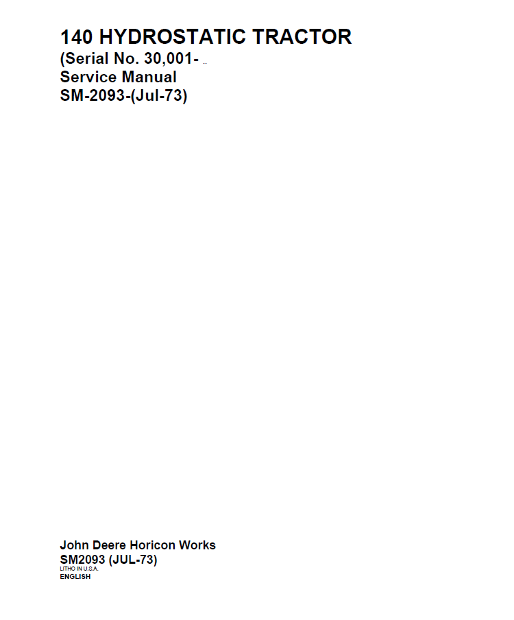 John Deere 140 Hydrostatic Tractor Service Manual SM2093 PDF