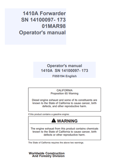 John Deere 1410A Forwarder Operator Manual F055194 PDF