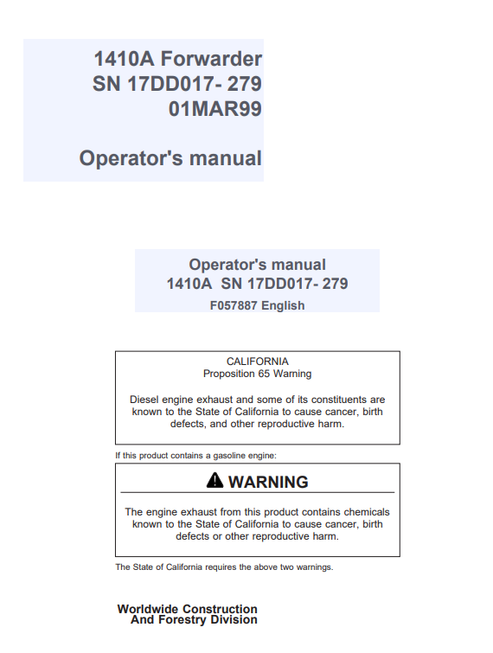 John Deere 1410A Forwarder Operator Manual F057887 PDF