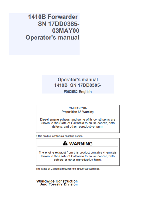 John Deere 1410B Forwarder Operator Manual F062562 PDF