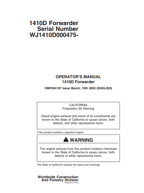 John Deere 1410B Forwarder Operator Manual OMF064197 PDF