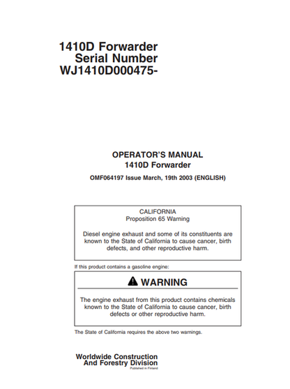 John Deere 1410B Forwarder Operator Manual OMF064197 PDF