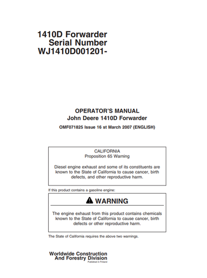 John Deere 1410D Forwarder Operating Manual OMF071825