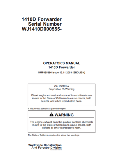 John Deere 1410D Forwarder Operator Manual OMF065866
