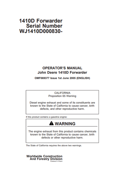John Deere 1410D Forwarder Operator Manual OMF069377