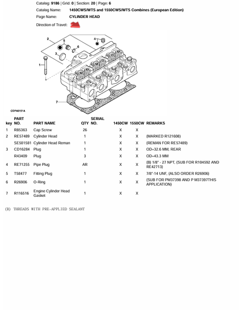 John Deere 1450-1550 CWS Harvester Parts Catalogue PDF