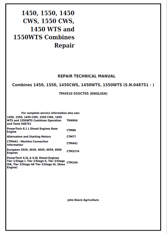 John Deere 1450, 1550, 1450CWS, 1450WTS, 1550WTS Combines Repair Technical Manual TM4910 PDF