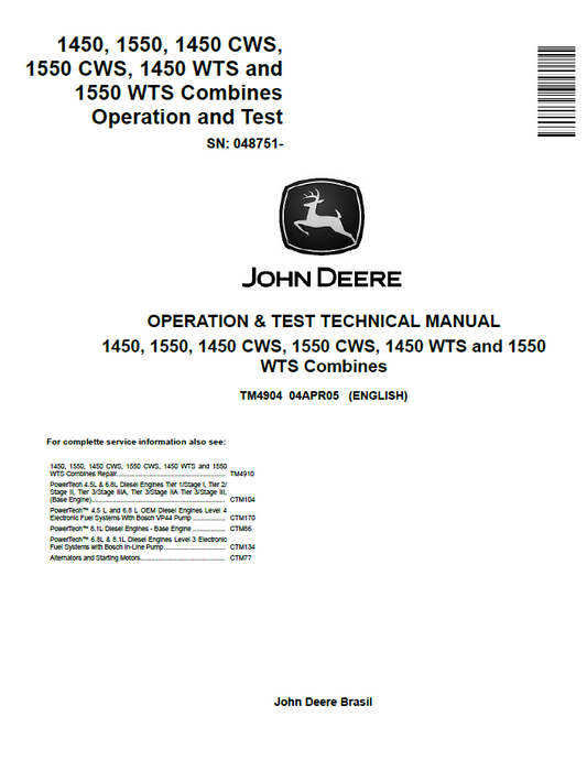 John Deere 1450, 1550, 1450 CWS, 1550 CWS, 1450 WTS and 1550 WTS Combines Operation and Test Technical Manual TM4904 PDF