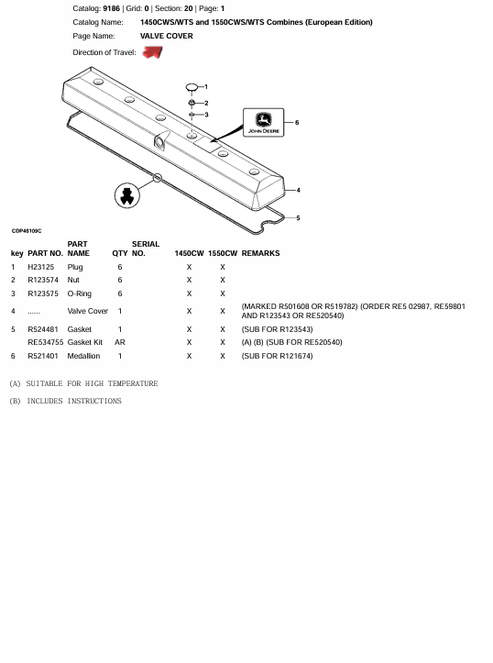 John Deere 1450 1550 CWS Harvester Parts Catalog Manual