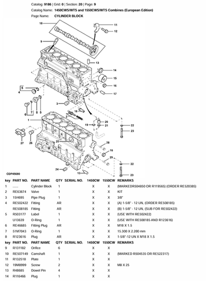 John Deere 1450 1550 CWS Harvester Parts Identification Manual