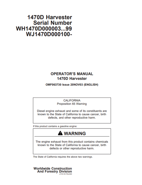 John Deere 1470D Harvester Operator Manual PDF OMF063730