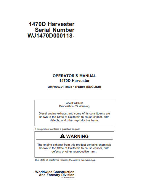 John Deere 1470D Harvester Operator Manual PDF OMF066321