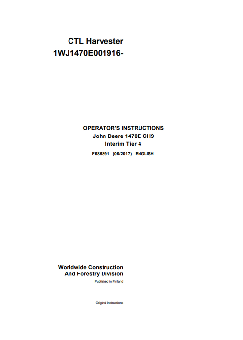 John Deere 1470E CH9 Interim Tier 4 CTL Harvester Manual F685891