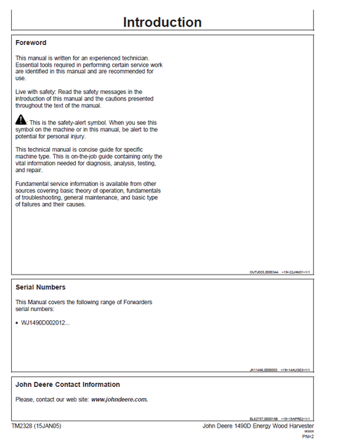 John Deere 1490D Wood Harvester Repair & Maintenance Manual TM2328