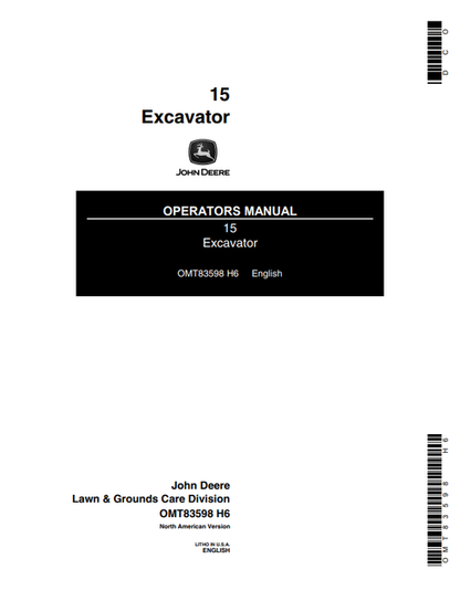 John Deere 15 Excavator Operator Manual OMT83598