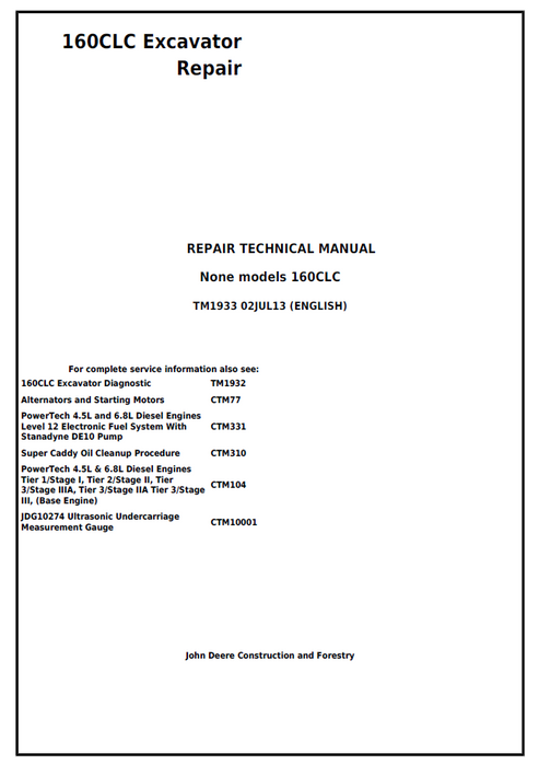 John Deere 160CLC Excavator Repair Technical Manual TM2025