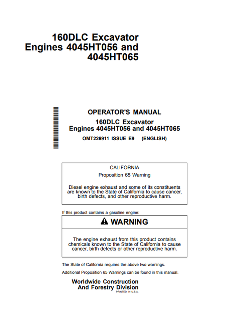 John Deere 160DLC Excavator 4045HT056 4045HT065 Operator Manual