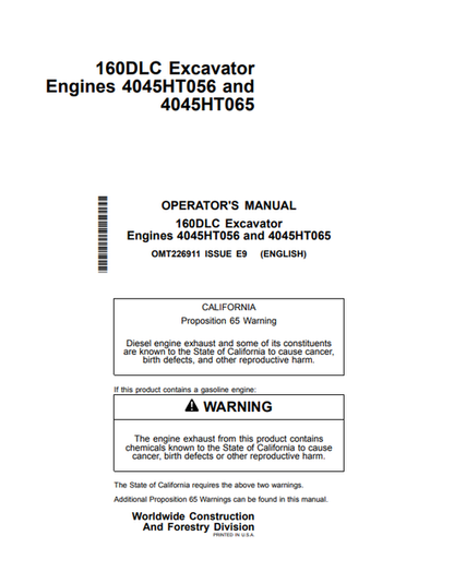 John Deere 160DLC Excavator 4045HT056 4045HT065 Operator Manual