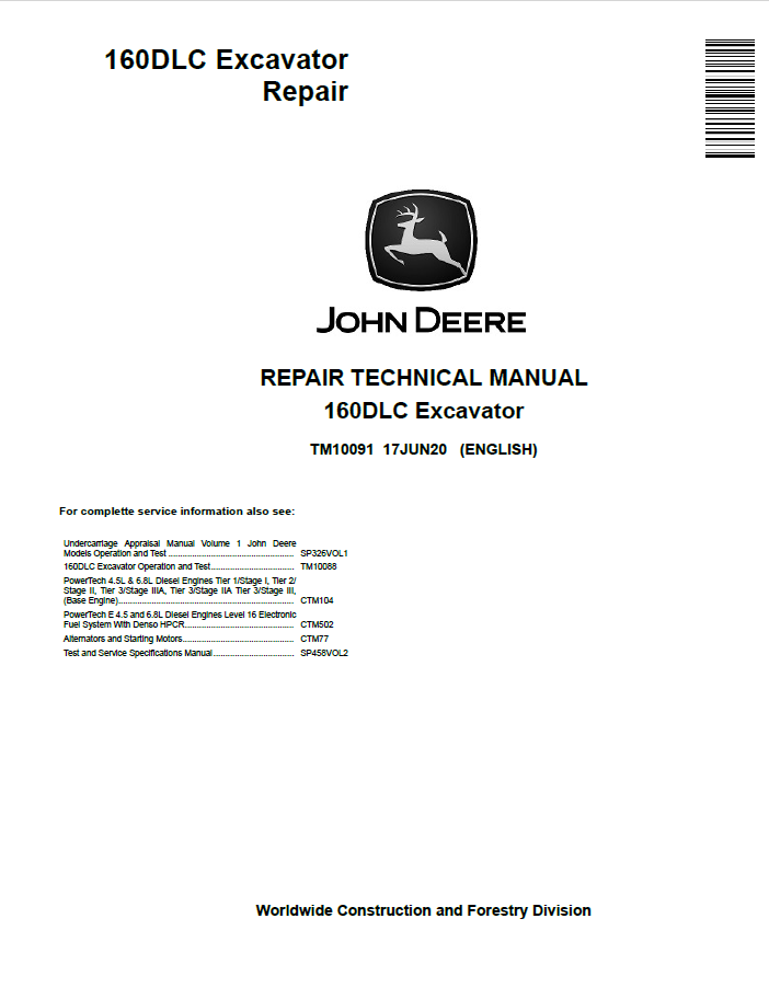 John Deere 160DLC Excavator Repair Technical Manual TM10091 PDF