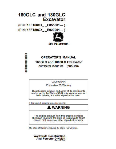 John Deere 160GLC & 180GLC Excavator Operator Manual OMT306200