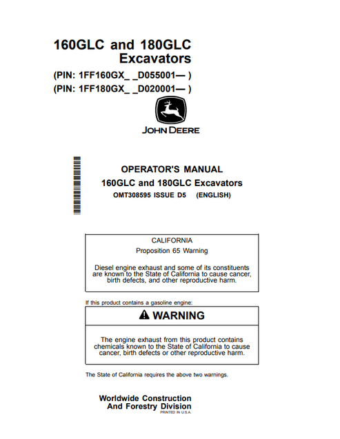 John Deere 160GLC & 180GLC Excavator Operator Manual OMT308595