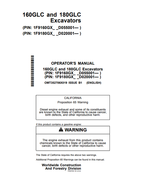John Deere 160GLC & 180GLC Excavator Operator Manual OMT352706X019