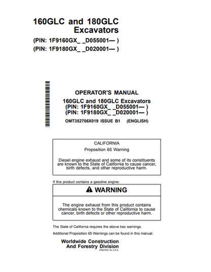 John Deere 160GLC & 180GLC Excavator Operator Manual OMT352706X019