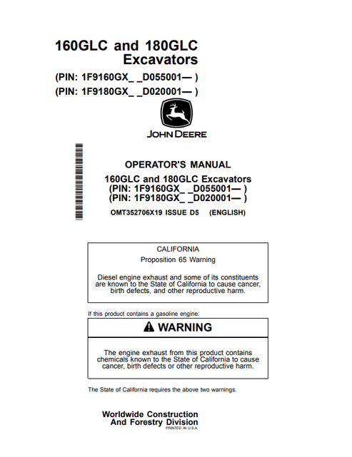John Deere 160GLC & 180GLC Excavator Operator Manual OMT352706X19