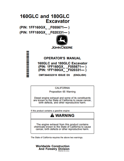 John Deere 160GLC & 180GLC Excavator Operator Manual OMT364032X19