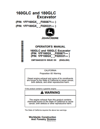 John Deere 160GLC & 180GLC Excavator Operator Manual OMT364032X19
