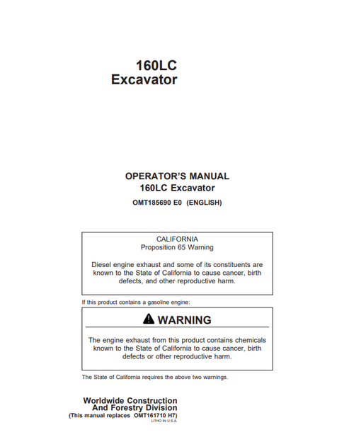 John Deere 160LC Excavator Operator Manual OMT185690