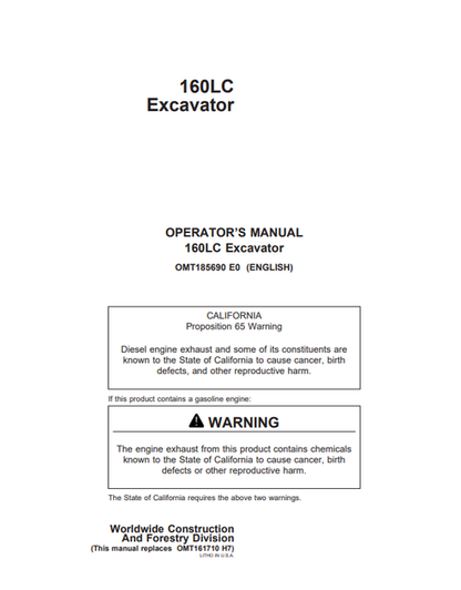 John Deere 160LC Excavator Operator Manual OMT185690