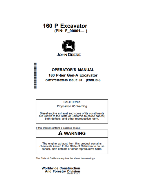 John Deere 160 P-Tier Gen-A Excavator Operator & Maintenance Manual