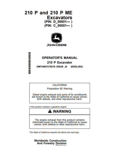John Deere 160 P Excavator Operator & Maintenance Manual OMT499737X019