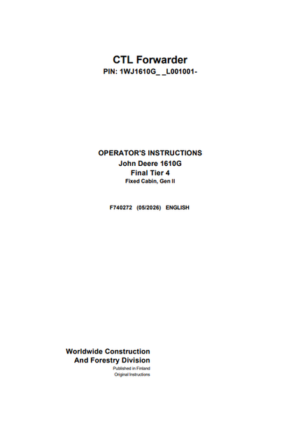 John Deere 1610G Final Tier 4 Fixed Cabin II Forwarder Manual