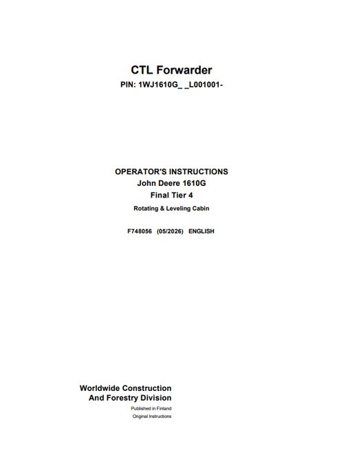 John Deere 1610G Final Tier 4 Forwarder Operator Manual F748056