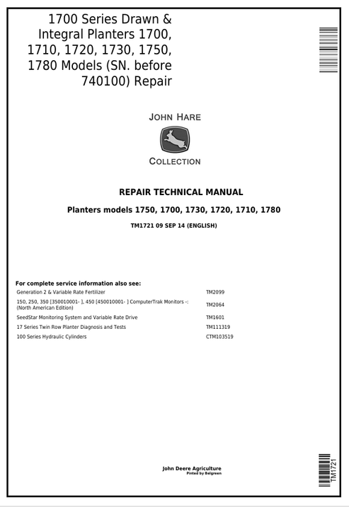 John Deere 1700 1710 1720 1730 1750 1780 Planter Manual TM1721