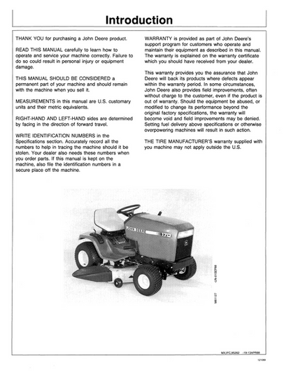John Deere 170 175 180 185 Lawn Tractor Operation & Maintenance Manual