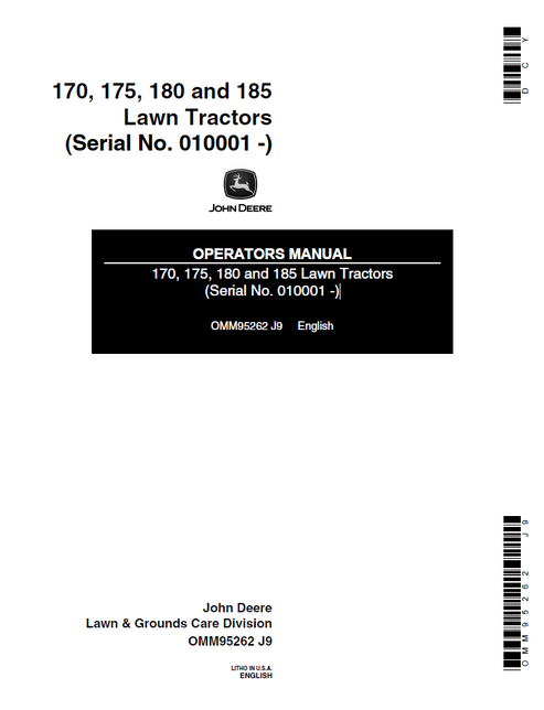John Deere 170 175 180 185 Lawn Tractor Operator Manual OMM95262